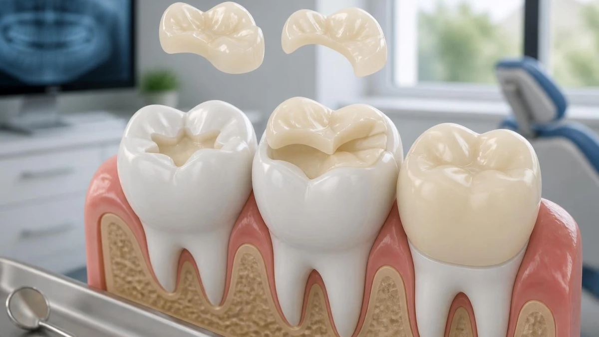 Modèle 3D montrant la pose d'un inlay onlay sur des dents abîmées dans un cabinet dentaire