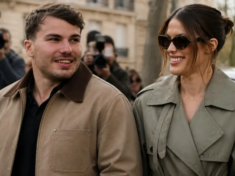 Iris Mittenaere Dupont sourient ensemble alors qu'ils sont entourés de photographes dans la rue