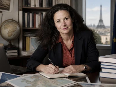 Isabelle Lasserre travaille à son bureau avec une vue sur la tour Eiffel en arrière-plan