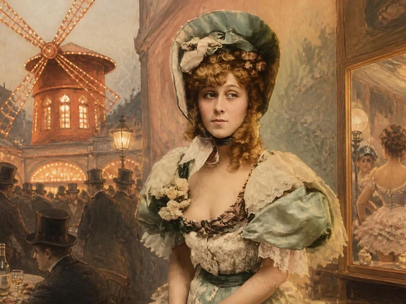 Portrait de la célèbre danseuse Jane Avril posant élégamment devant le Moulin-Rouge à Paris