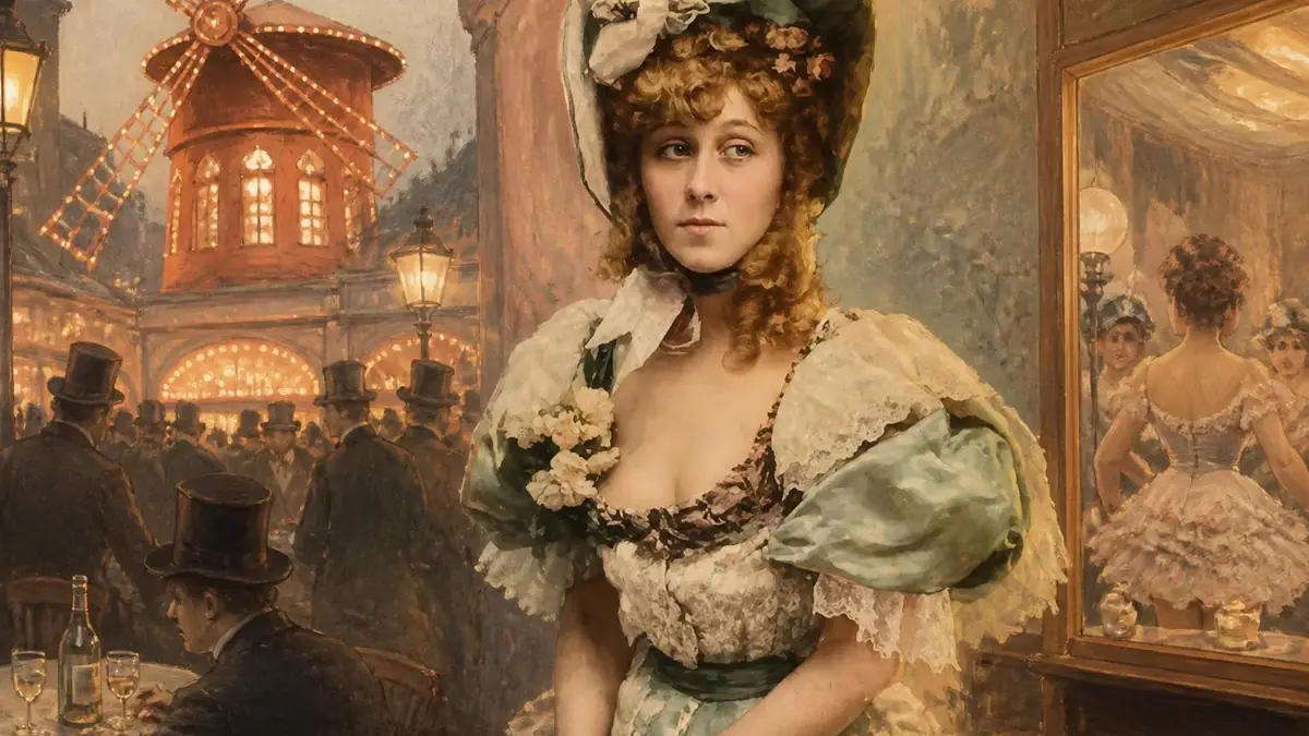 Portrait de la célèbre danseuse Jane Avril posant élégamment devant le Moulin-Rouge à Paris
