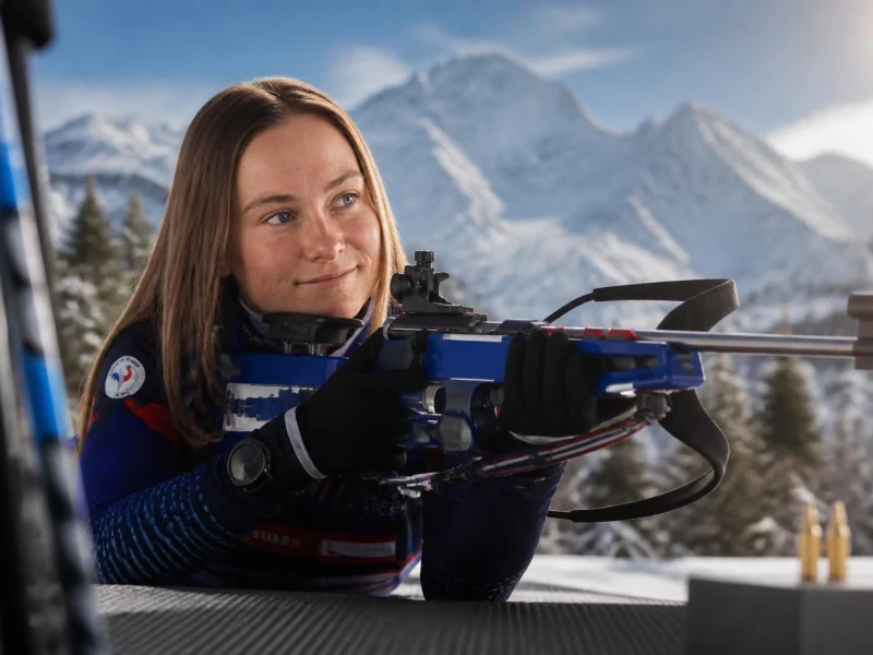 La biathlète Jeanne Richard en position de tir couché avec sa carabine devant un paysage de montagnes enneigées