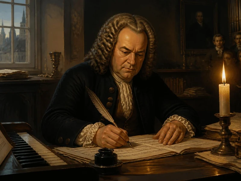 Jean-Sébastien Bach compose à la plume à la lueur d'une bougie, inspiré par Jésus que ma joie demeure Bach