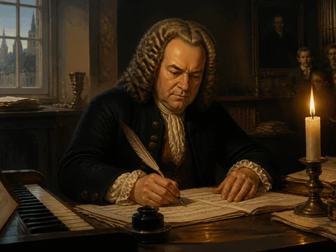 Jean-Sébastien Bach compose à la plume à la lueur d'une bougie, inspiré par Jésus que ma joie demeure Bach