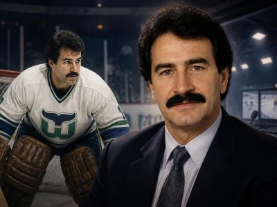 Portrait de John Garrett en costume superposé à une image de lui en tant que gardien de but de hockey