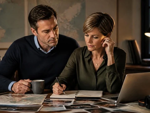 Jonathan Halls mari de Maryse Burgot travaillant avec elle sur des documents dans un bureau studieux