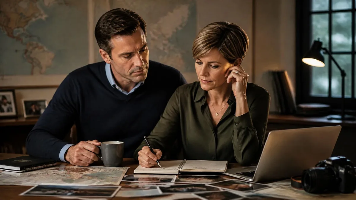 Jonathan Halls mari de Maryse Burgot travaillant avec elle sur des documents dans un bureau studieux