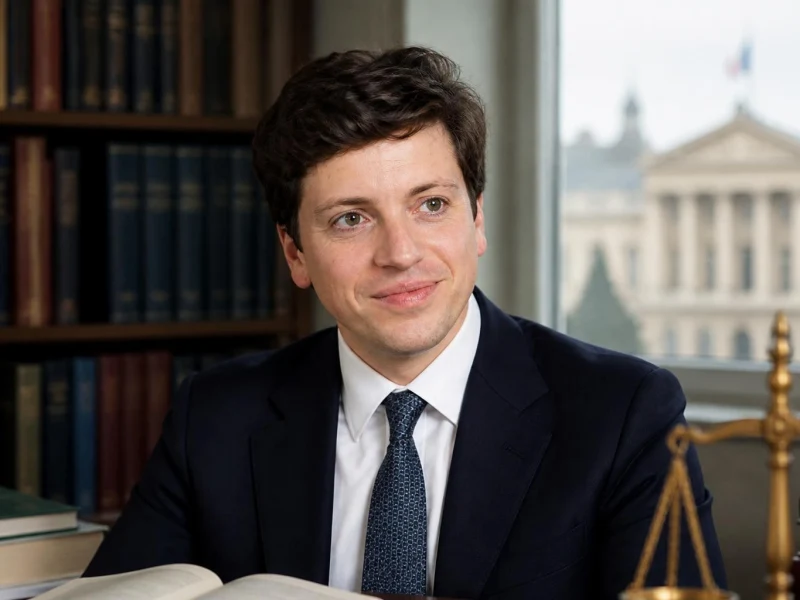 Portrait de Julien Jeanneney en costume devant une bibliothèque et une fenêtre donnant sur un bâtiment officiel