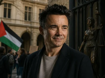 Portrait de Julien Théry posant devant une statue de la justice avec un drapeau en arrière-plan
