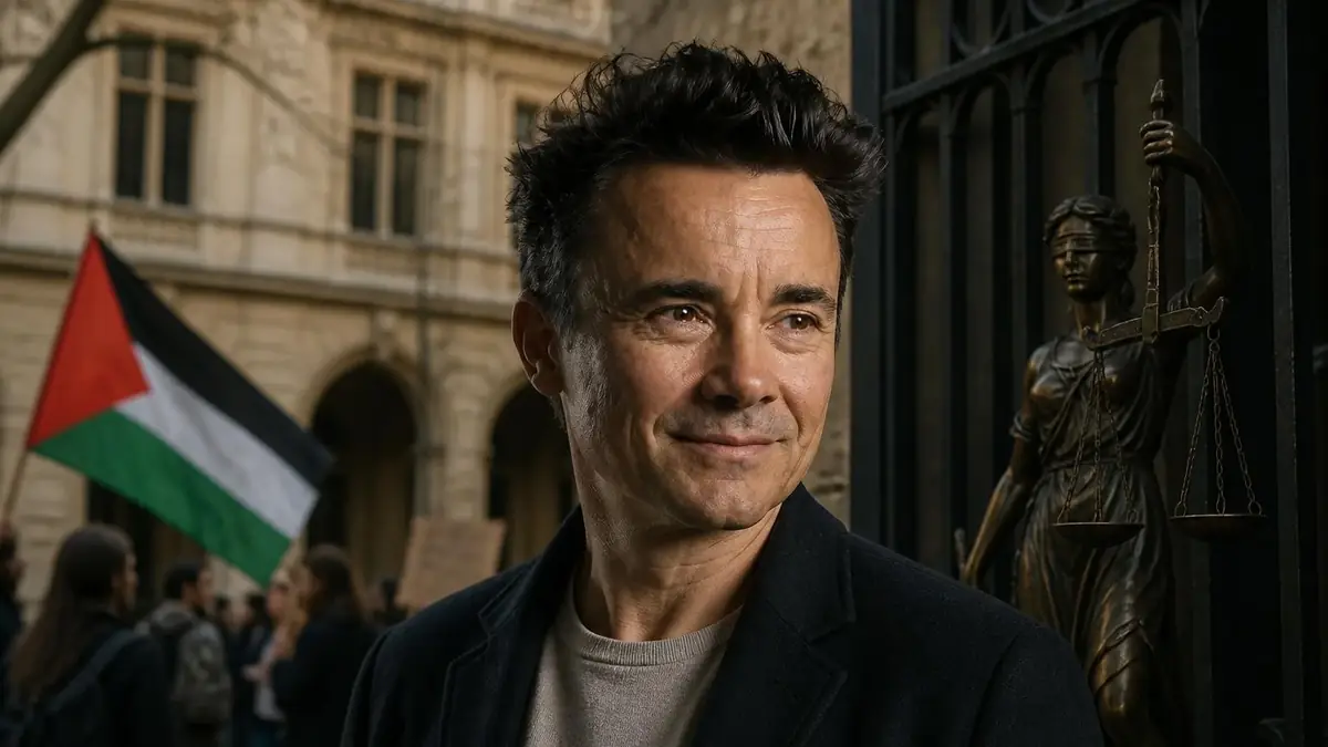 Portrait de Julien Théry posant devant une statue de la justice avec un drapeau en arrière-plan