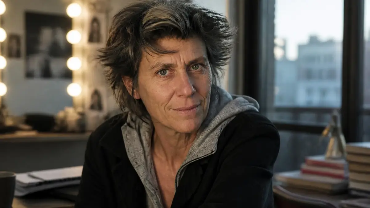 Portrait de la comédienne Juliette Plumecocq-Mech posant face à l'objectif dans une loge éclairée