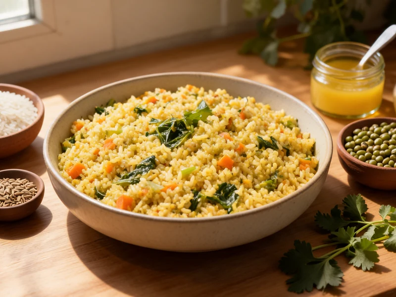 Bol de kitchari préparé avec des légumes et des herbes, entouré d'ingrédients comme du riz et des lentilles