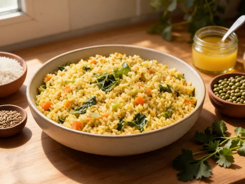 Bol de kitchari préparé avec des légumes et des herbes, entouré d'ingrédients comme du riz et des lentilles