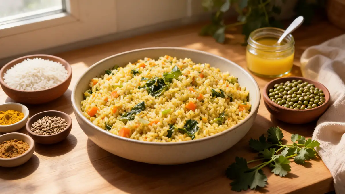 Bol de kitchari préparé avec des légumes et des herbes, entouré d'ingrédients comme du riz et des lentilles