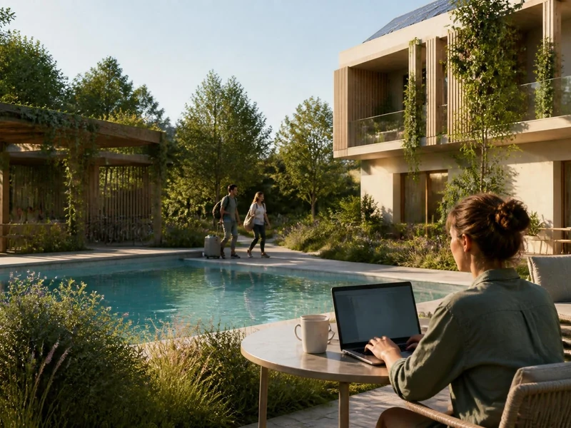 Une femme travaille sur son ordinateur au bord d'une piscine dans un complexe hôtelier Kora Living entouré de verdure