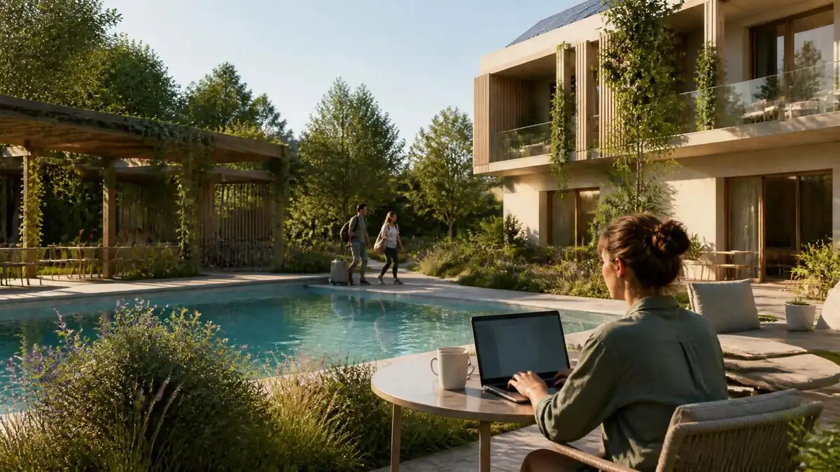 Une femme travaille sur son ordinateur au bord d'une piscine dans un complexe hôtelier Kora Living entouré de verdure