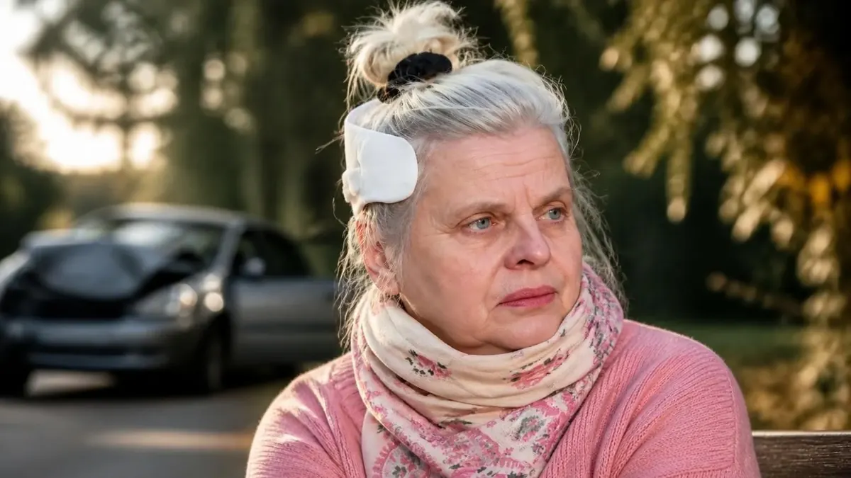 Isabelle Nanty accident avec une voiture accidentée en arrière-plan