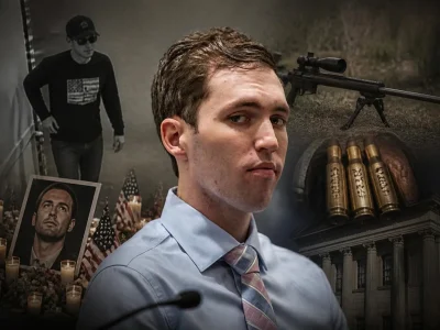 Montage illustrant l'enquête sur Tyler Robinson avec des éléments liés à une affaire criminelle