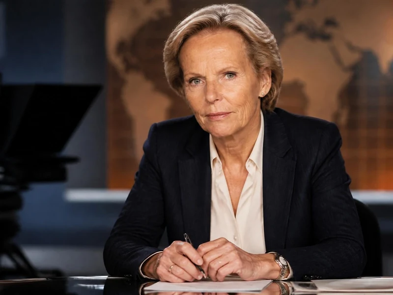 La journaliste Christine Ockrent est assise à son bureau de présentatrice, illustrant parfaitement l'âge de Christine Ockrent