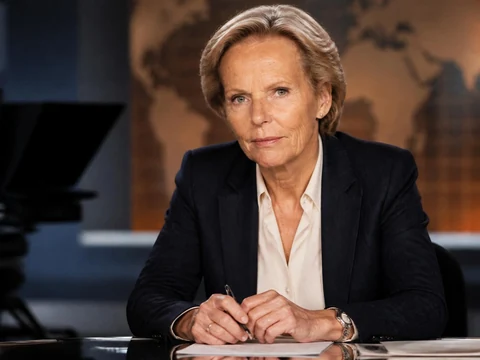 La journaliste Christine Ockrent est assise à son bureau de présentatrice, illustrant parfaitement l'âge de Christine Ockrent