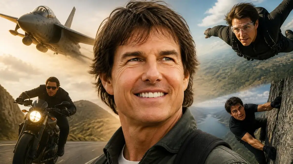 Portrait de Tom Cruise illustrant l'évolution de sa carrière au fil de l'âge de Tom Cruise avec ses rôles d'action