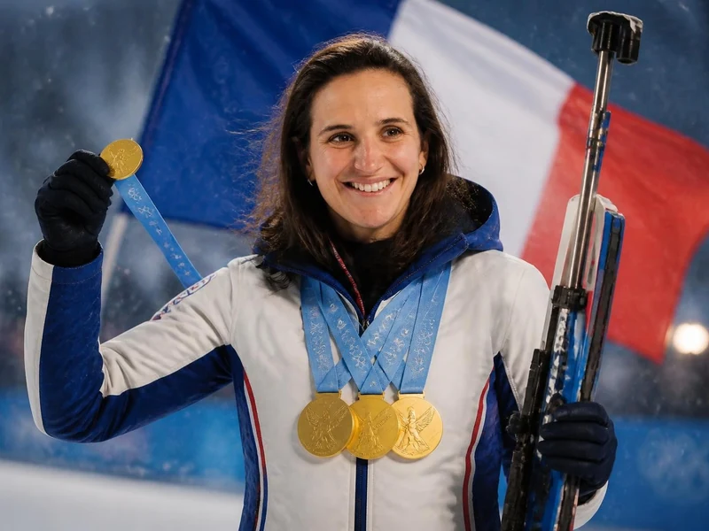 La championne de biathlon Julia Simon sourit en tenant une médaille devant le drapeau français