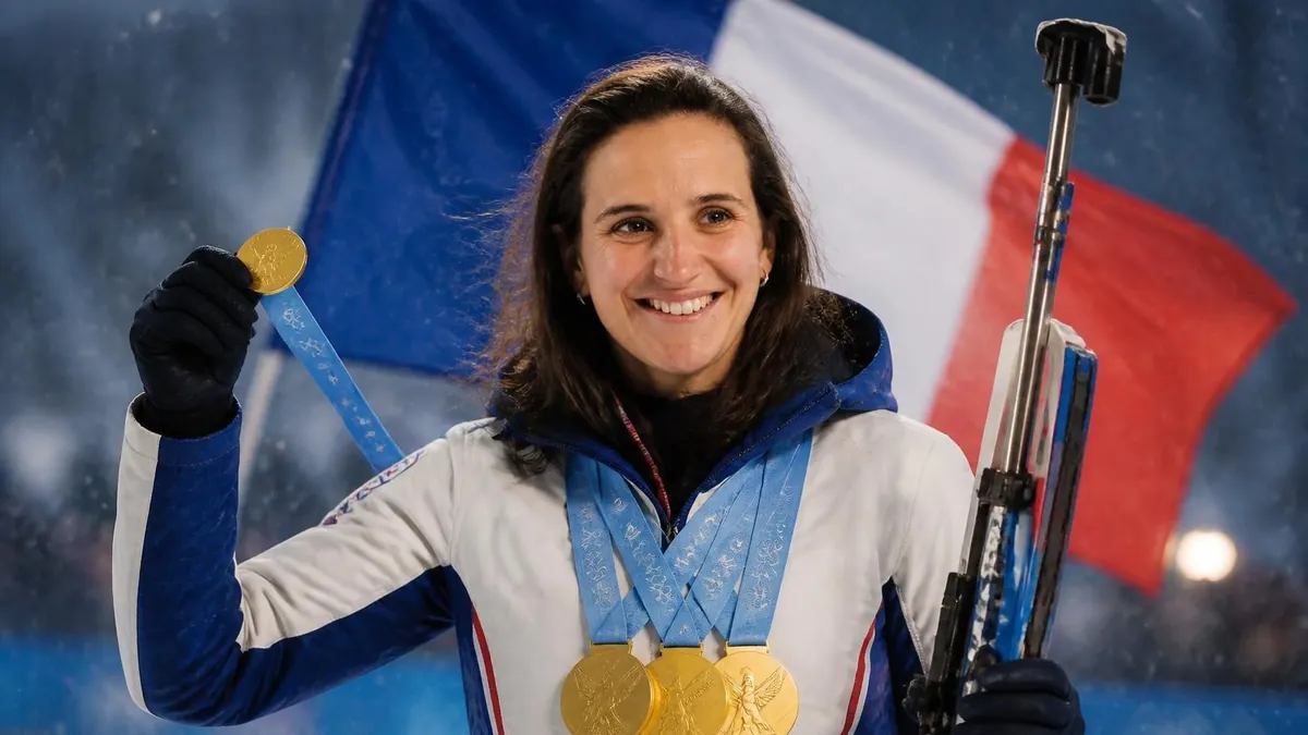 La championne de biathlon Julia Simon sourit en tenant une médaille devant le drapeau français