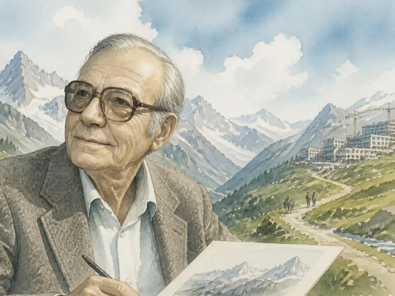 Portrait de l'artiste Samivel contemplant un paysage de montagne avec des constructions en arrière-plan