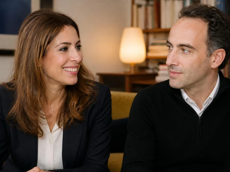 Léa Salamé ex mari sont assis côte à côte et se regardent avec complicité lors d'une discussion paisible