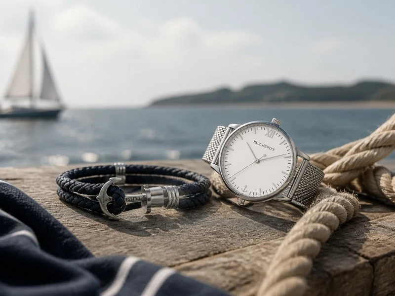 Montre et bracelet Paul Hewitt posés sur un ponton face à un voilier en mer