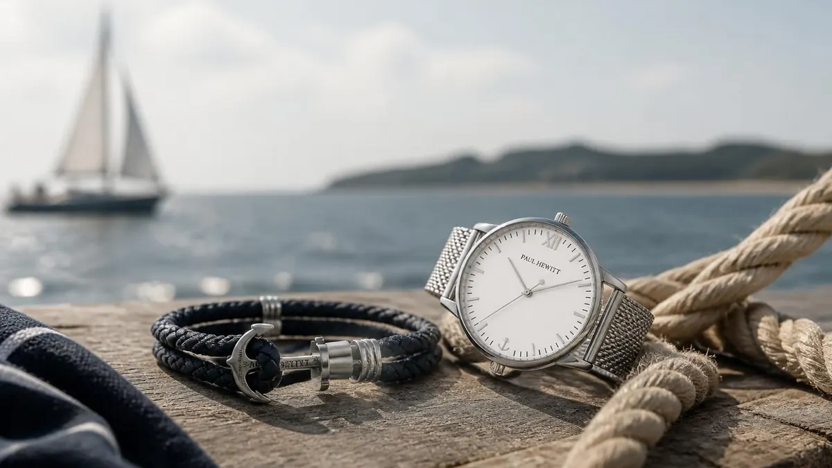 Montre et bracelet Paul Hewitt posés sur un ponton face à un voilier en mer