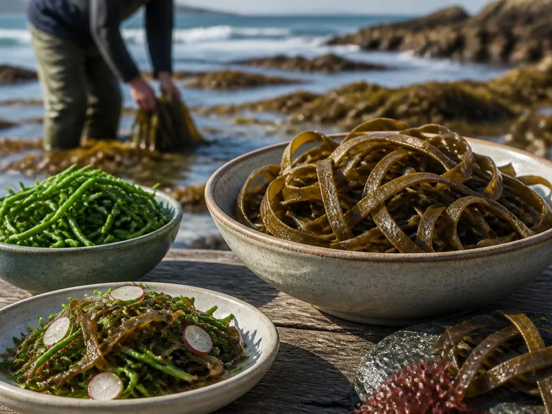 Des bols garnis de salicornes et d'algues fraîches, appelées haricots de la mer, posés sur une table en bord de plage