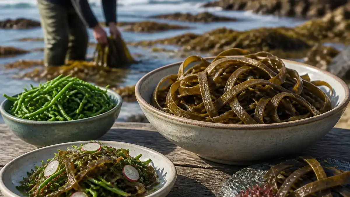 Des bols garnis de salicornes et d'algues fraîches, appelées haricots de la mer, posés sur une table en bord de plage
