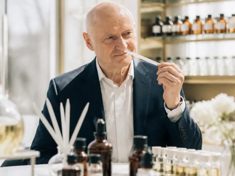 Dominique Ropion sent une touche à parfum dans son laboratoire entouré de flacons d'essences