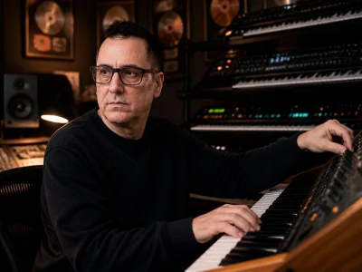 Le producteur de musique Mike Dean travaille sur des synthétiseurs dans son studio d'enregistrement professionnel