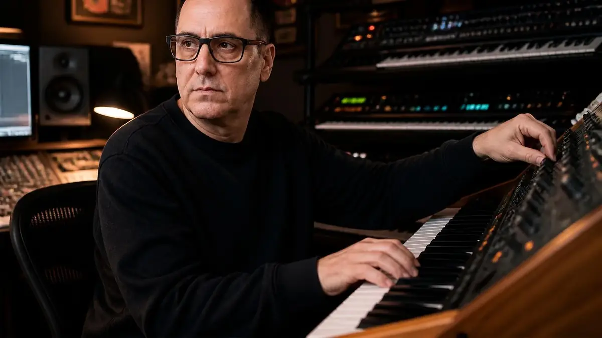 Le producteur de musique Mike Dean travaille sur des synthétiseurs dans son studio d'enregistrement professionnel