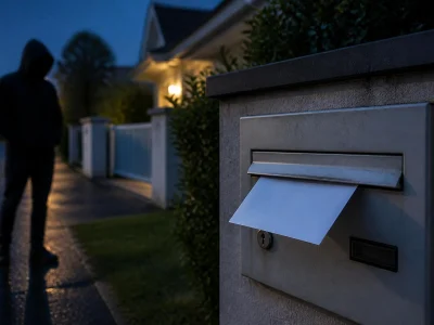 Un cambrioleur rôde près d'une maison où une feuille blanche boîte aux lettres dépasse pour tester l'absence des occupants