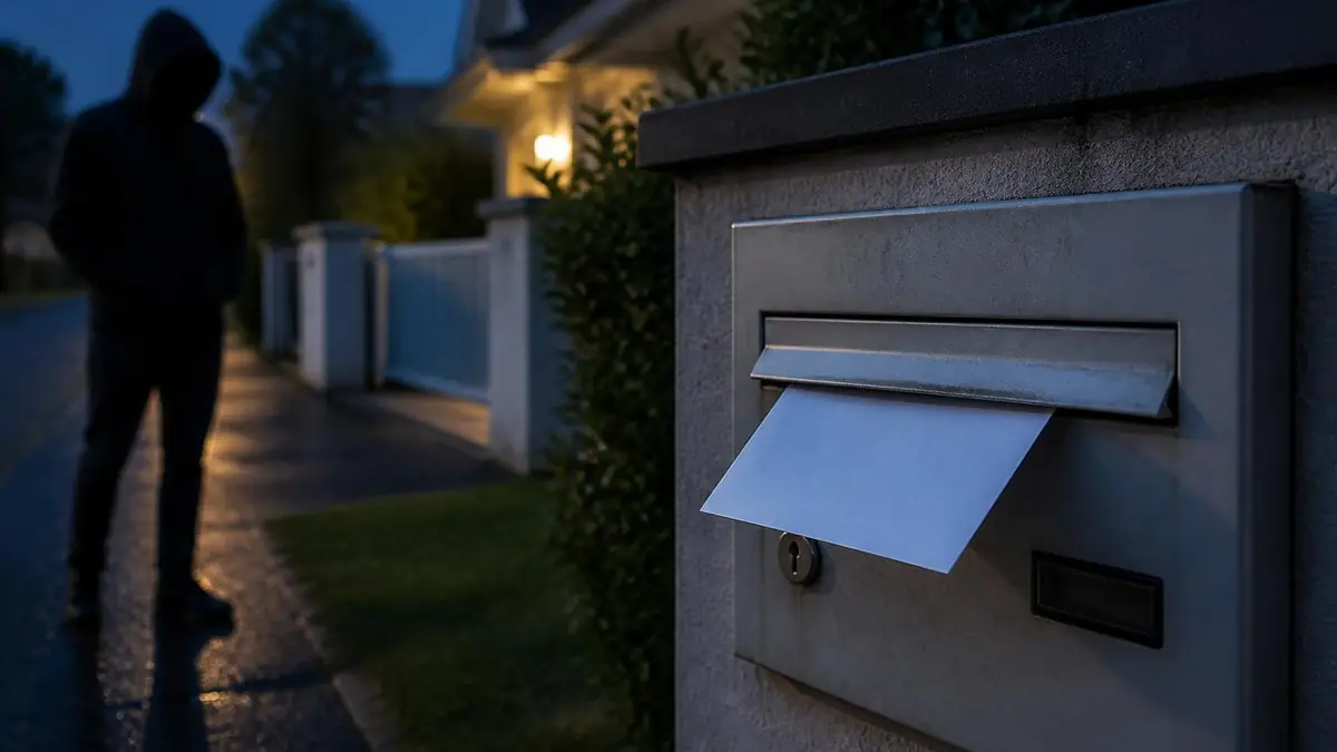 Un cambrioleur rôde près d'une maison où une feuille blanche boîte aux lettres dépasse pour tester l'absence des occupants