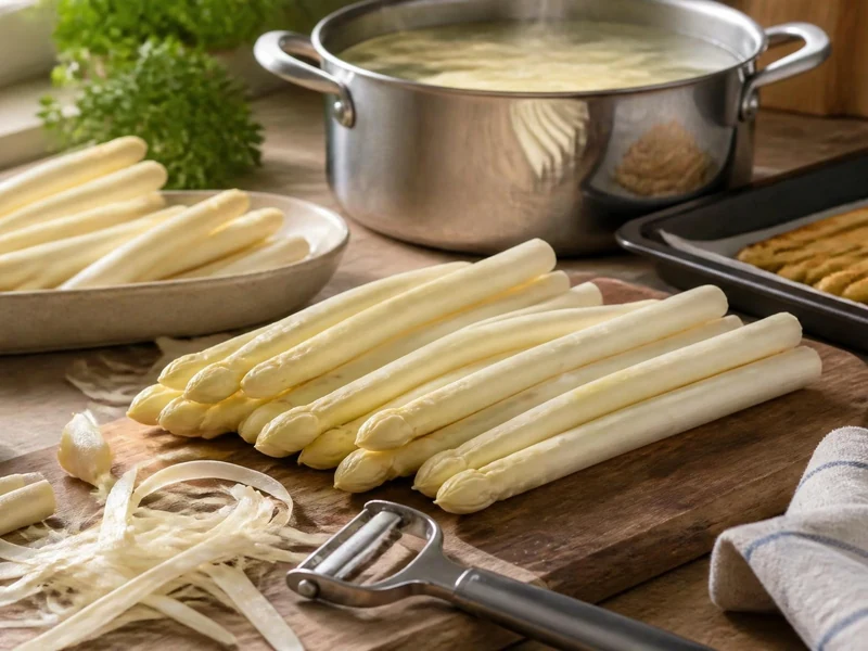 Des asperges blanches fraîches posées sur une planche à découper pour apprendre à bien cuire asperges blanches