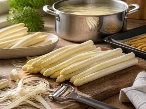 Des asperges blanches fraîches posées sur une planche à découper pour apprendre à bien cuire asperges blanches
