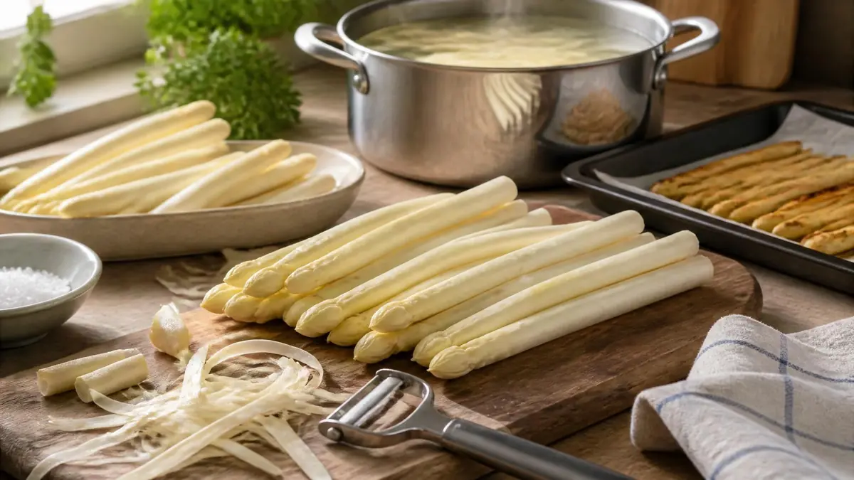 Des asperges blanches fraîches posées sur une planche à découper pour apprendre à bien cuire asperges blanches