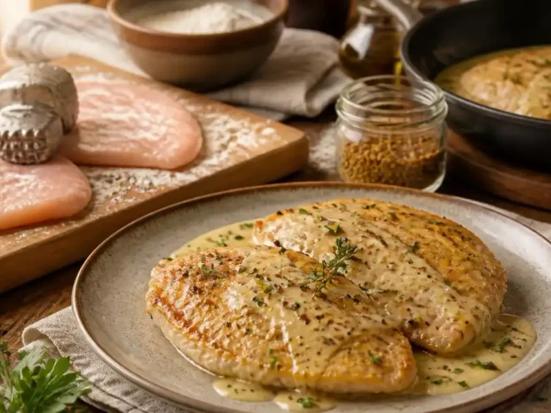 Une assiette d'escalope de dinde recette savoureuse préparée avec soin dans une cuisine rustique