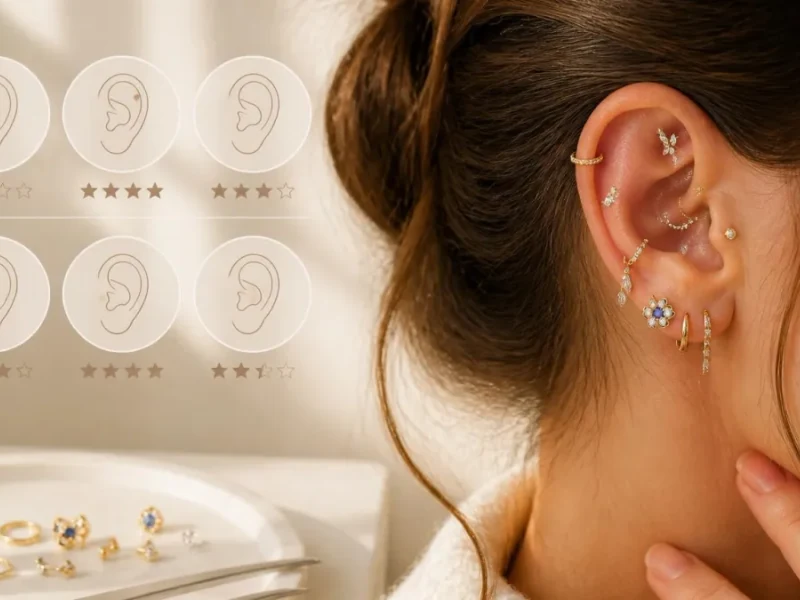 Une oreille ornée de multiples bijoux délicats pour illustrer le nom des piercings oreille