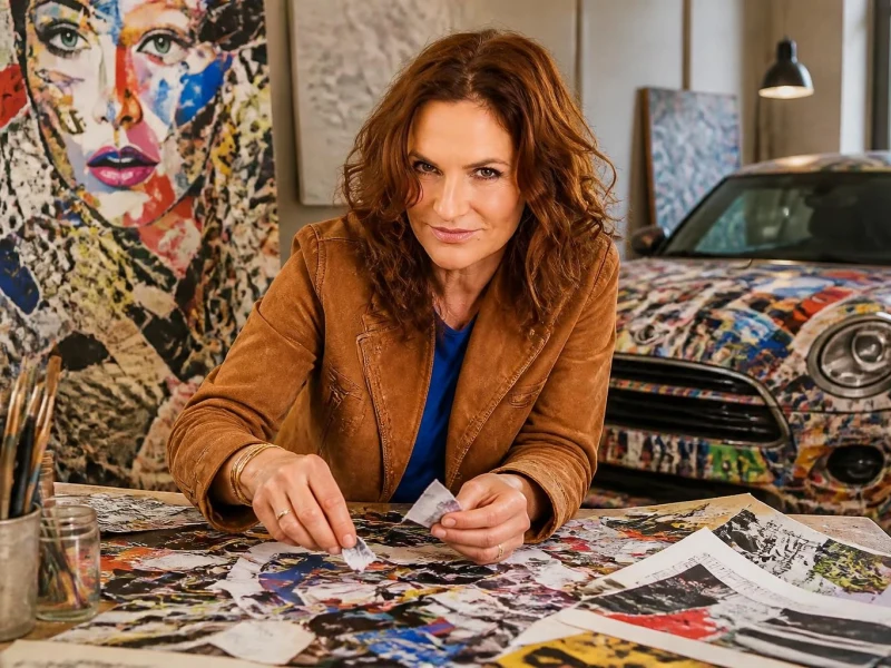 L'artiste Anne Mondy travaille sur une création en collage dans son atelier avec une voiture décorée en arrière-plan