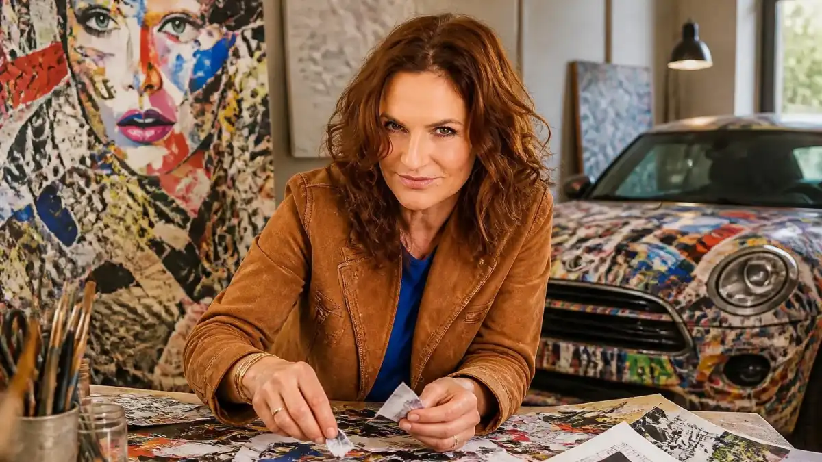L'artiste Anne Mondy travaille sur une création en collage dans son atelier avec une voiture décorée en arrière-plan