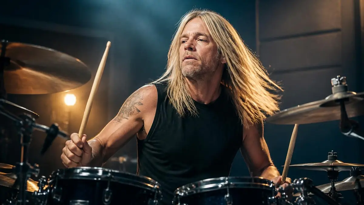 Le batteur aux cheveux longs will hunt le rythme parfait derrière sa batterie sur scène