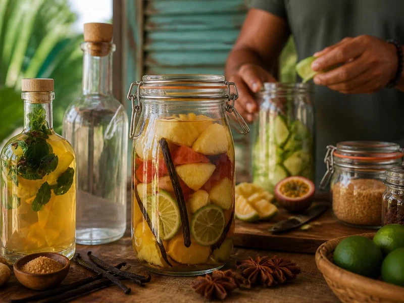 Une personne prépare une recette rhum arrangé avec des fruits frais et des épices dans des bocaux en verre