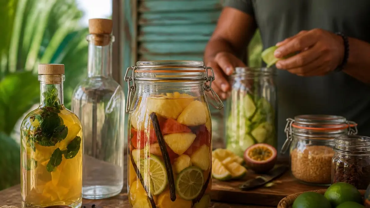 Une personne prépare une recette rhum arrangé avec des fruits frais et des épices dans des bocaux en verre