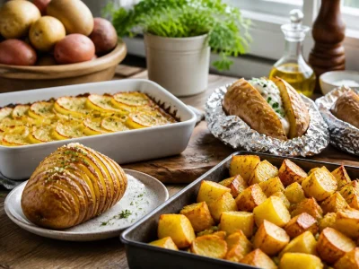 Plusieurs plats gourmands incluant une pomme de terre au four préparée de différentes manières sur une table en bois