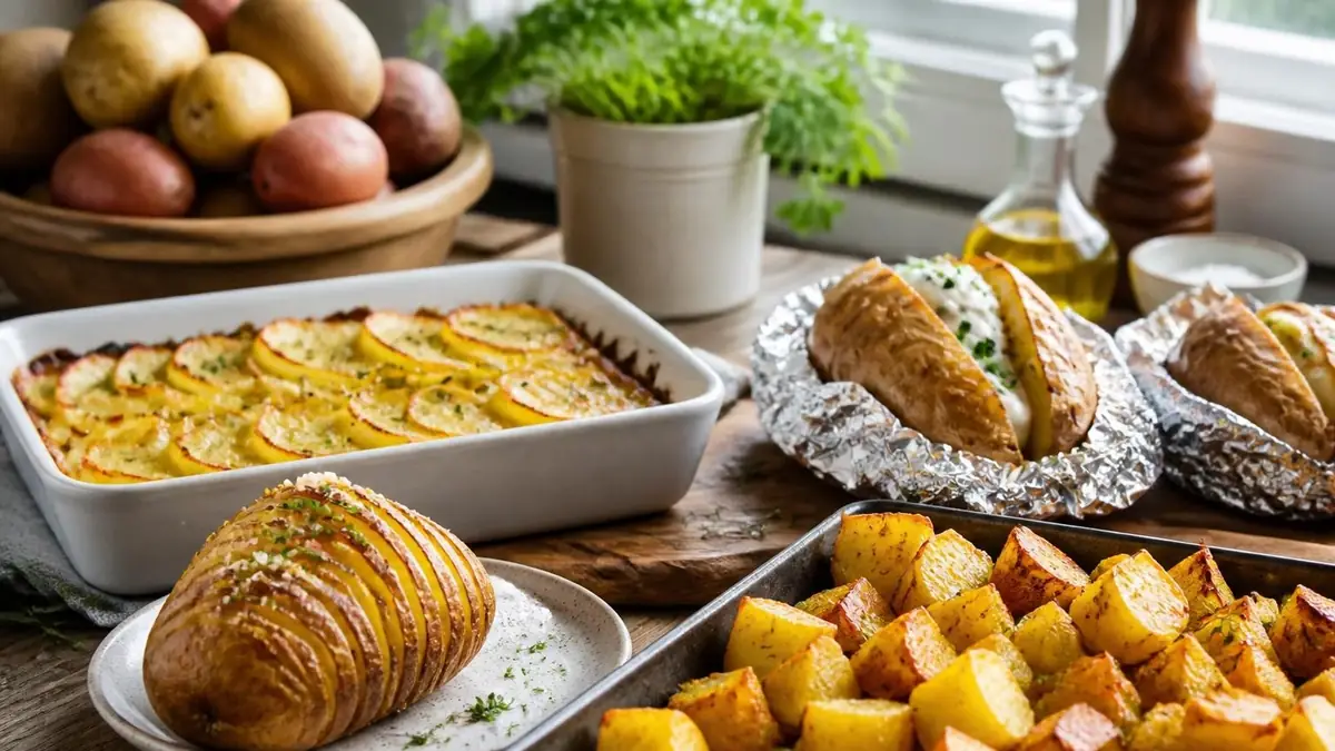 Plusieurs plats gourmands incluant une pomme de terre au four préparée de différentes manières sur une table en bois
